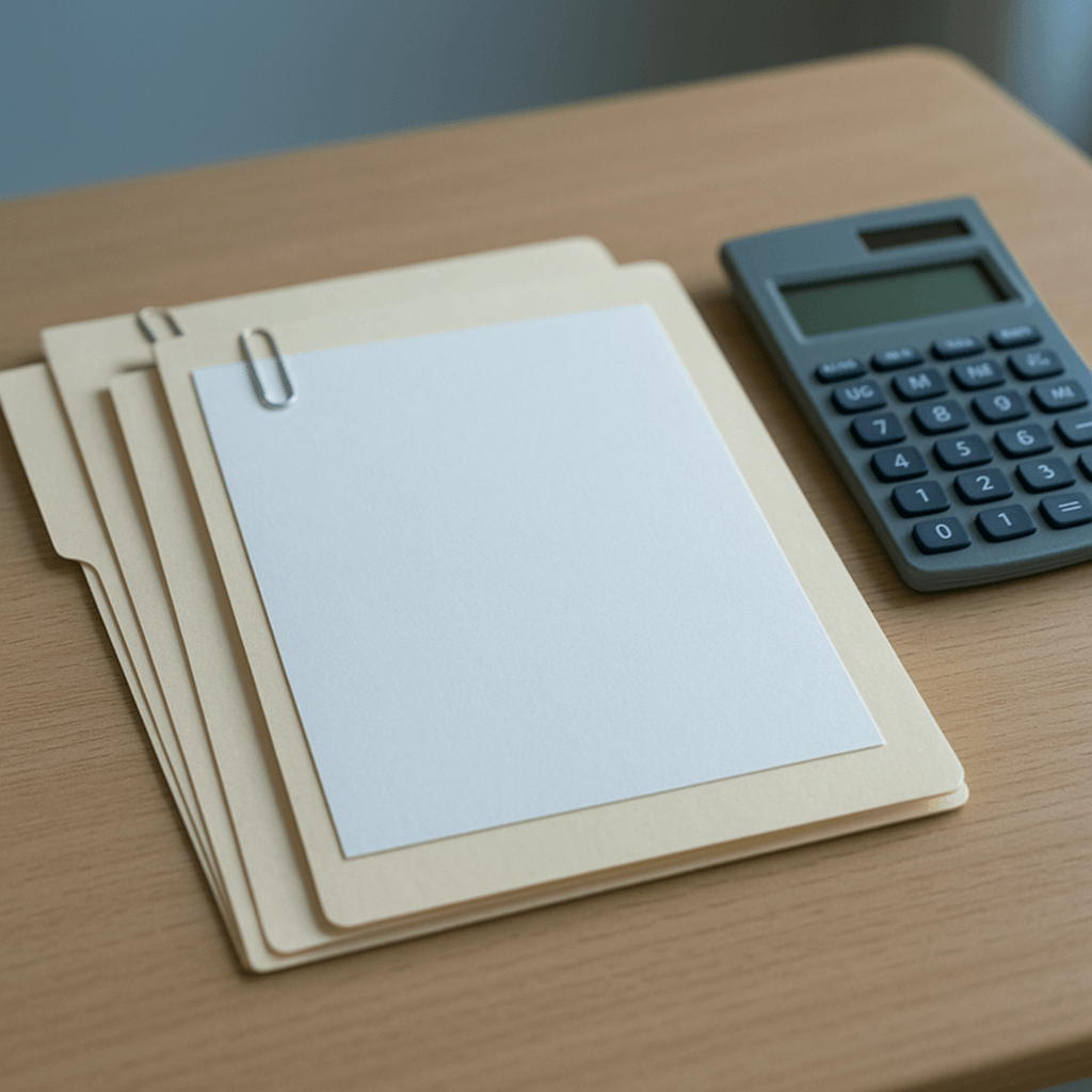 Chemises vierges, feuilles blanches et calculatrice éteinte sur un bureau clair.