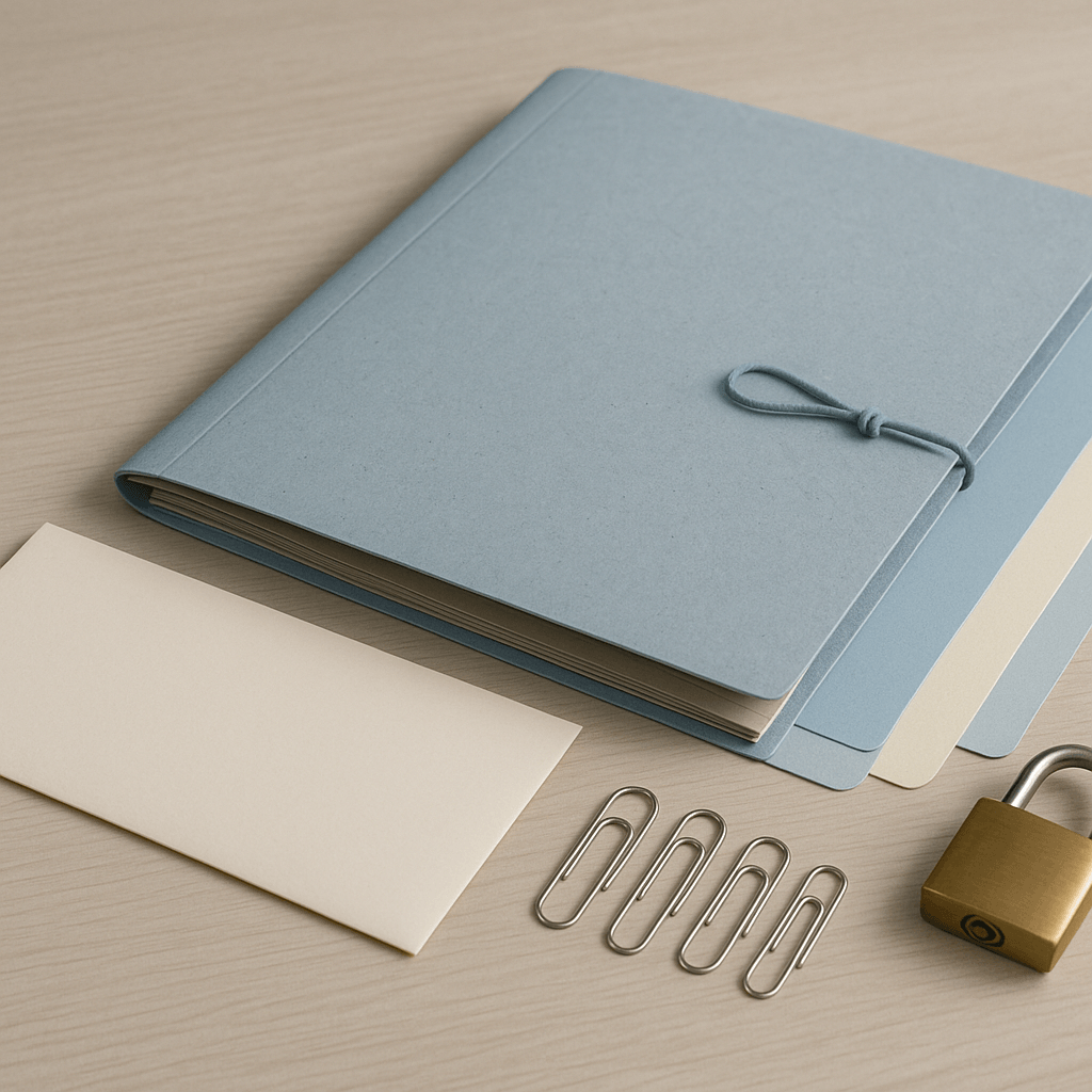Chemise fermée, enveloppe vierge, intercalaires et cadenas sur un bureau clair.