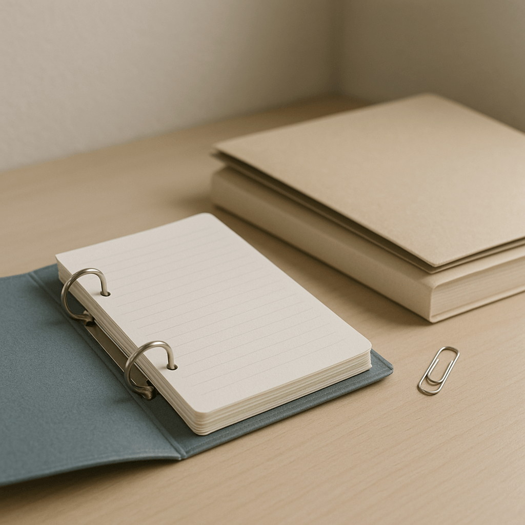 Classeur ouvert avec feuilles vierges et chemises administratives neutres