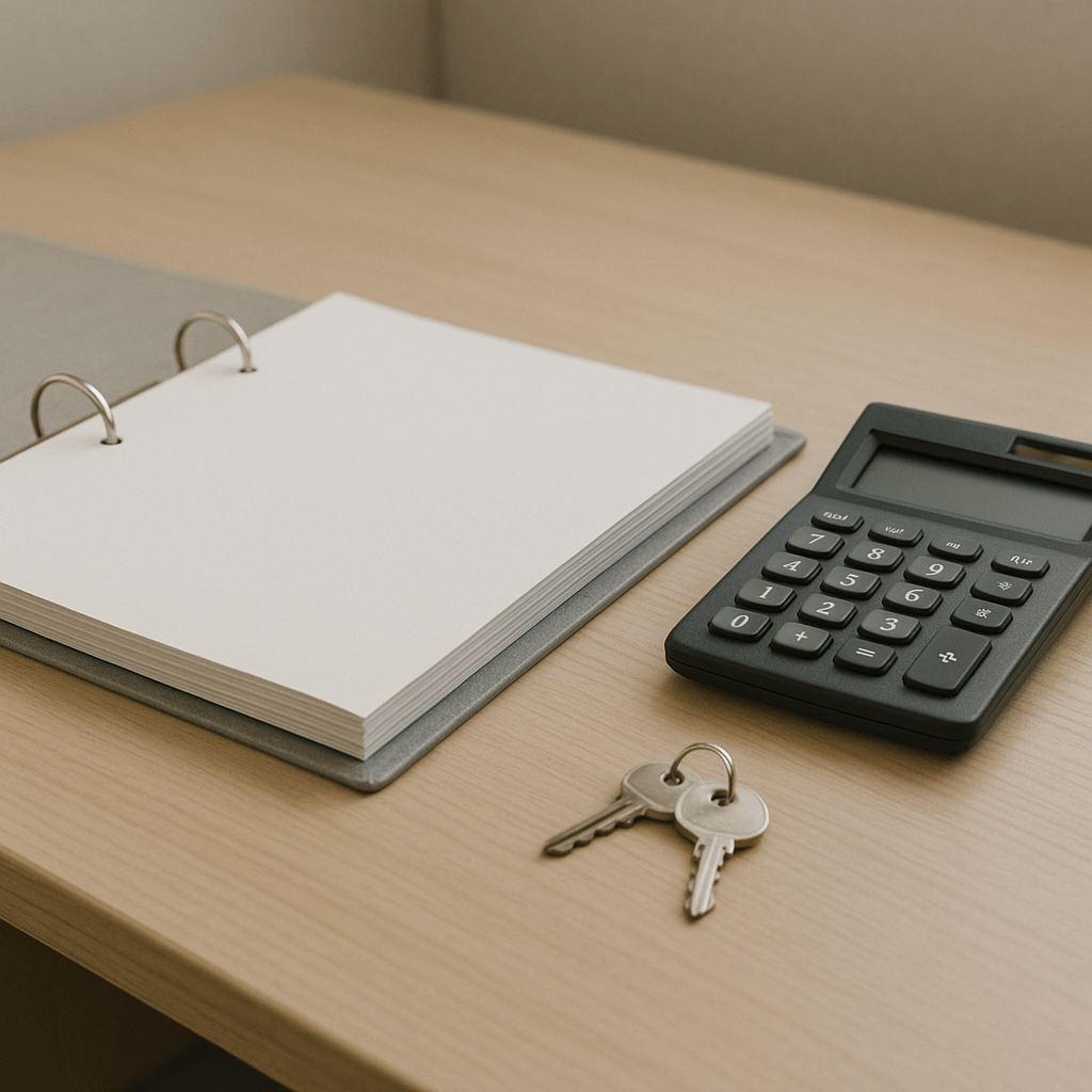 Calculatrice éteinte, clés et chemises neutres sur un bureau organisé.