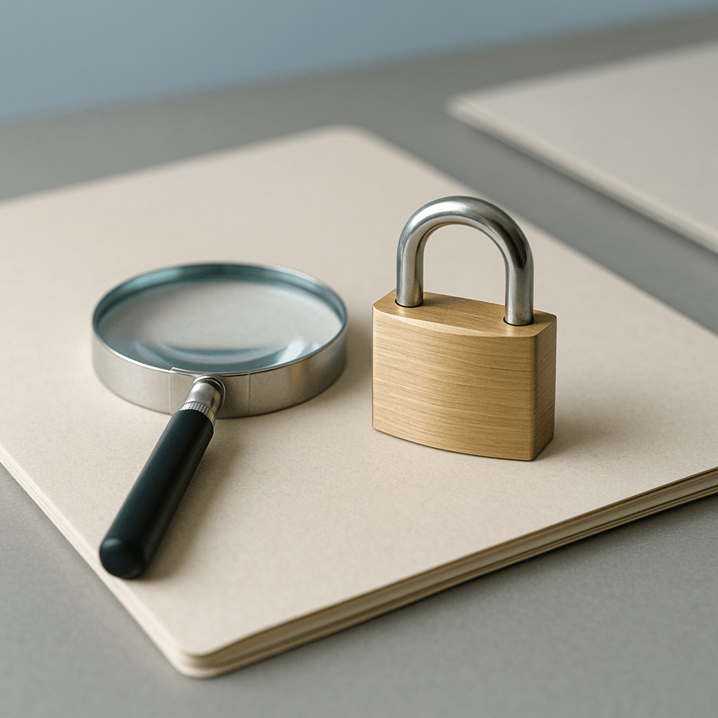 Dossiers sans texte, loupe et cadenas sur un bureau sobre.