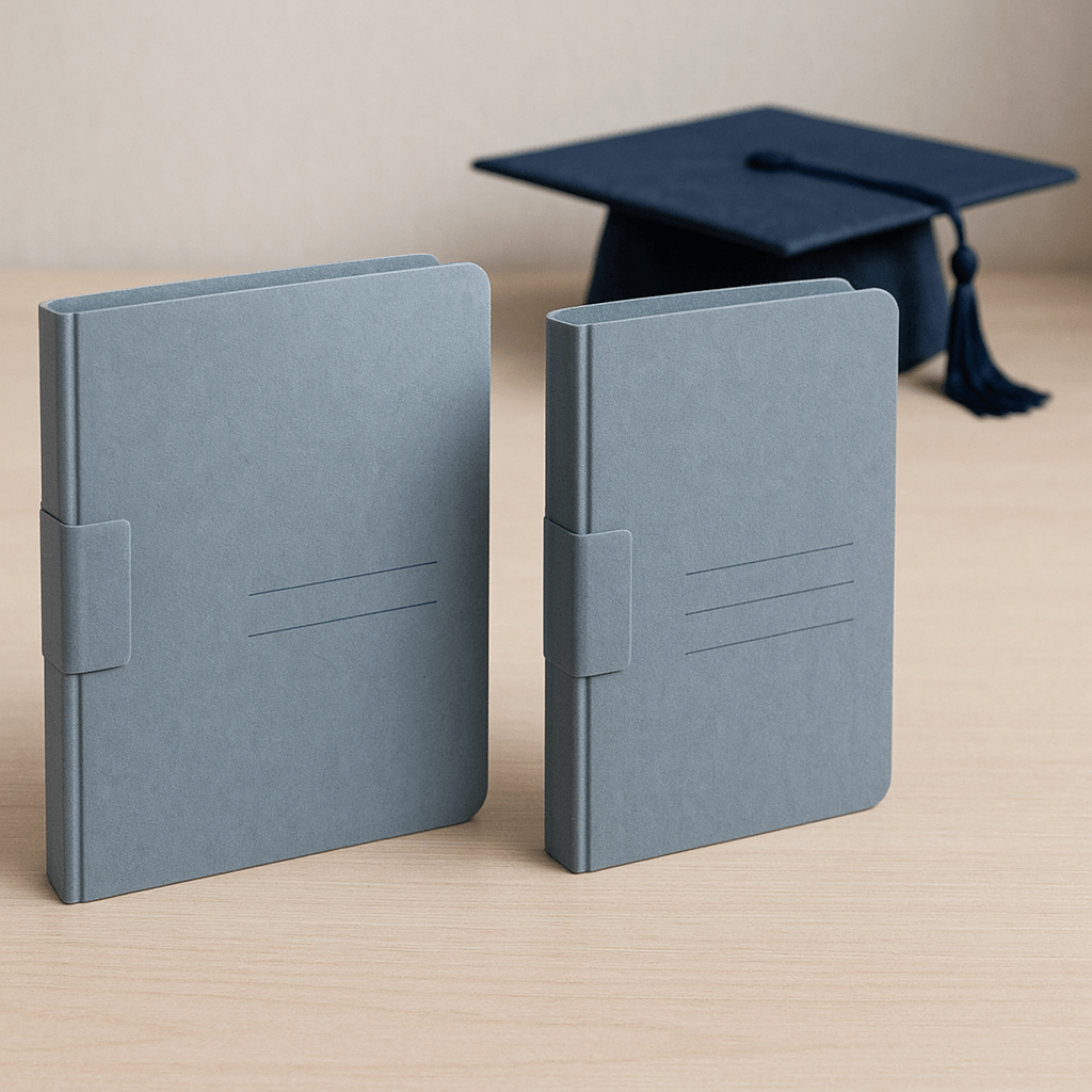 Deux dossiers fermés et une toque universitaire sur une table claire