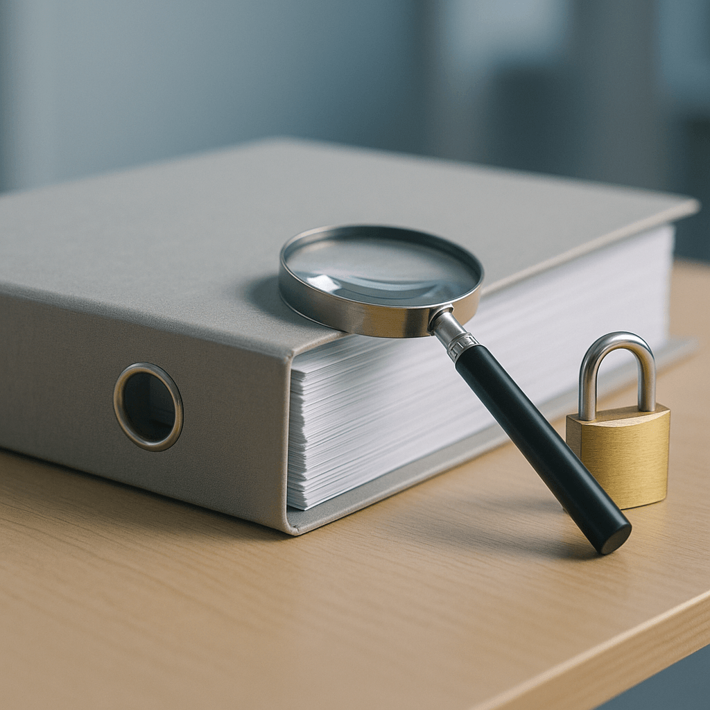 Classeur fermé, loupe et cadenas disposés sur un bureau sobre.