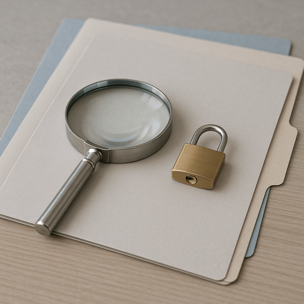 Loupe, cadenas et chemises administratives vierges disposés sur un bureau clair.