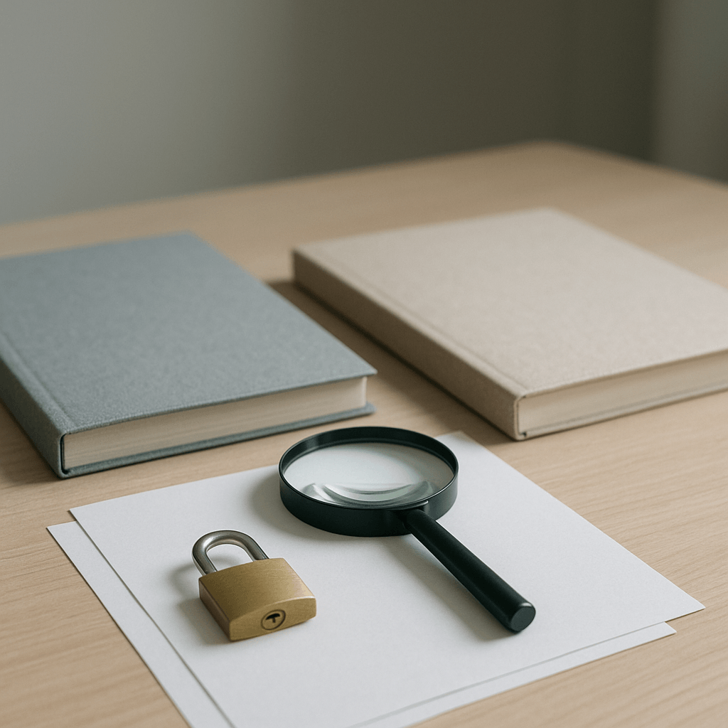 Chemises neutres, loupe et cadenas disposés sur une table claire