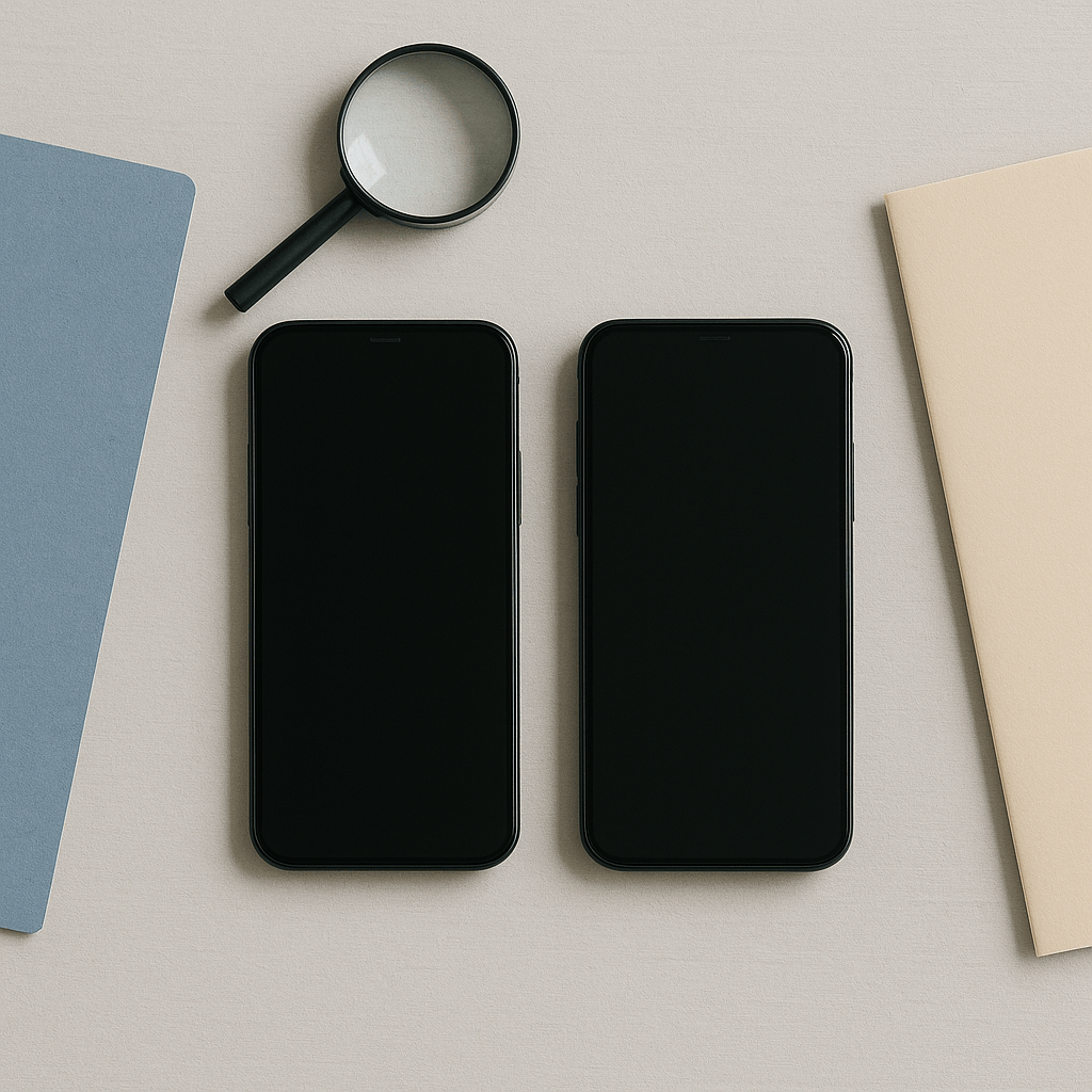 Deux smartphones éteints et une loupe sur des chemises de classement neutres