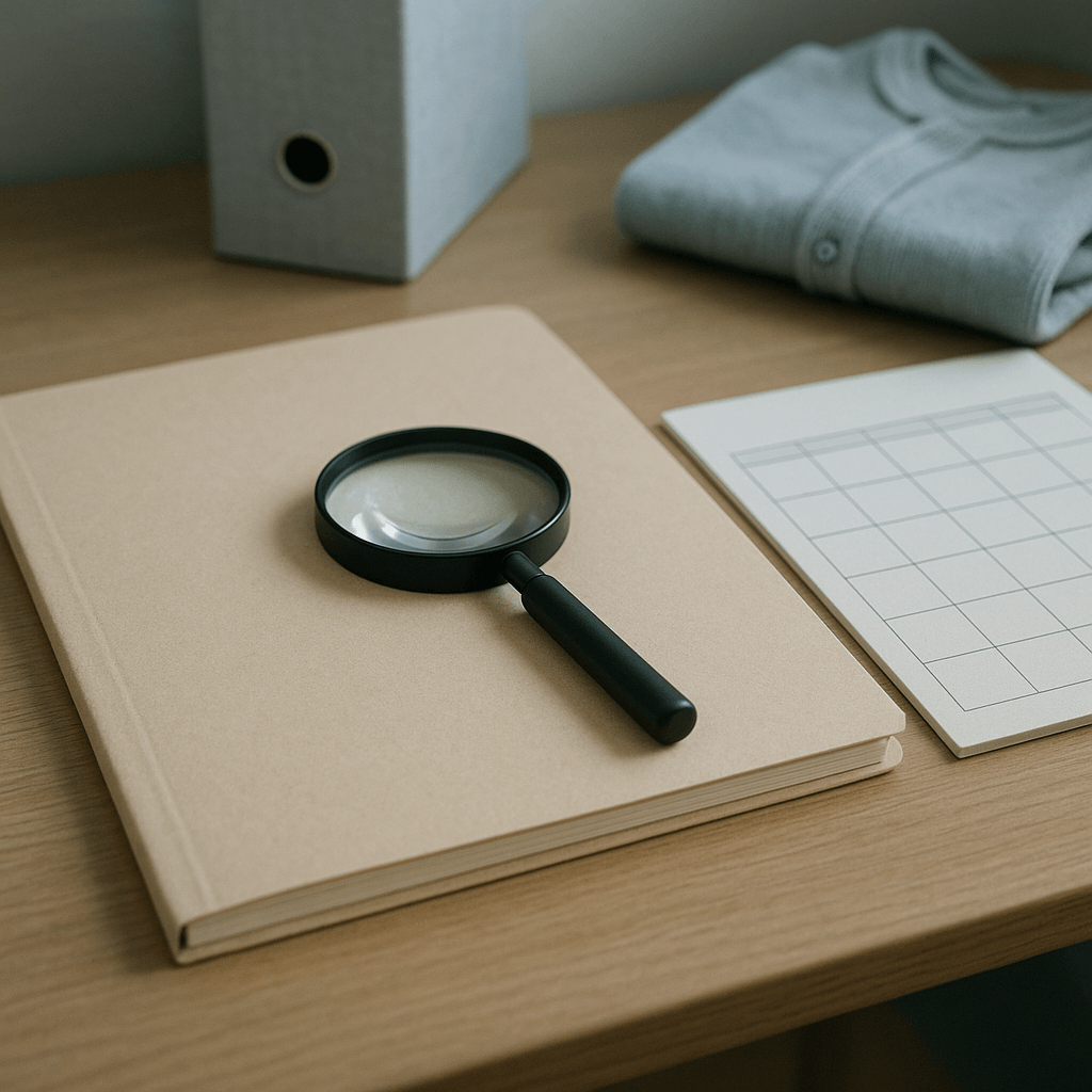 Dossier fermé accompagné d’une loupe et d’un calendrier vierge