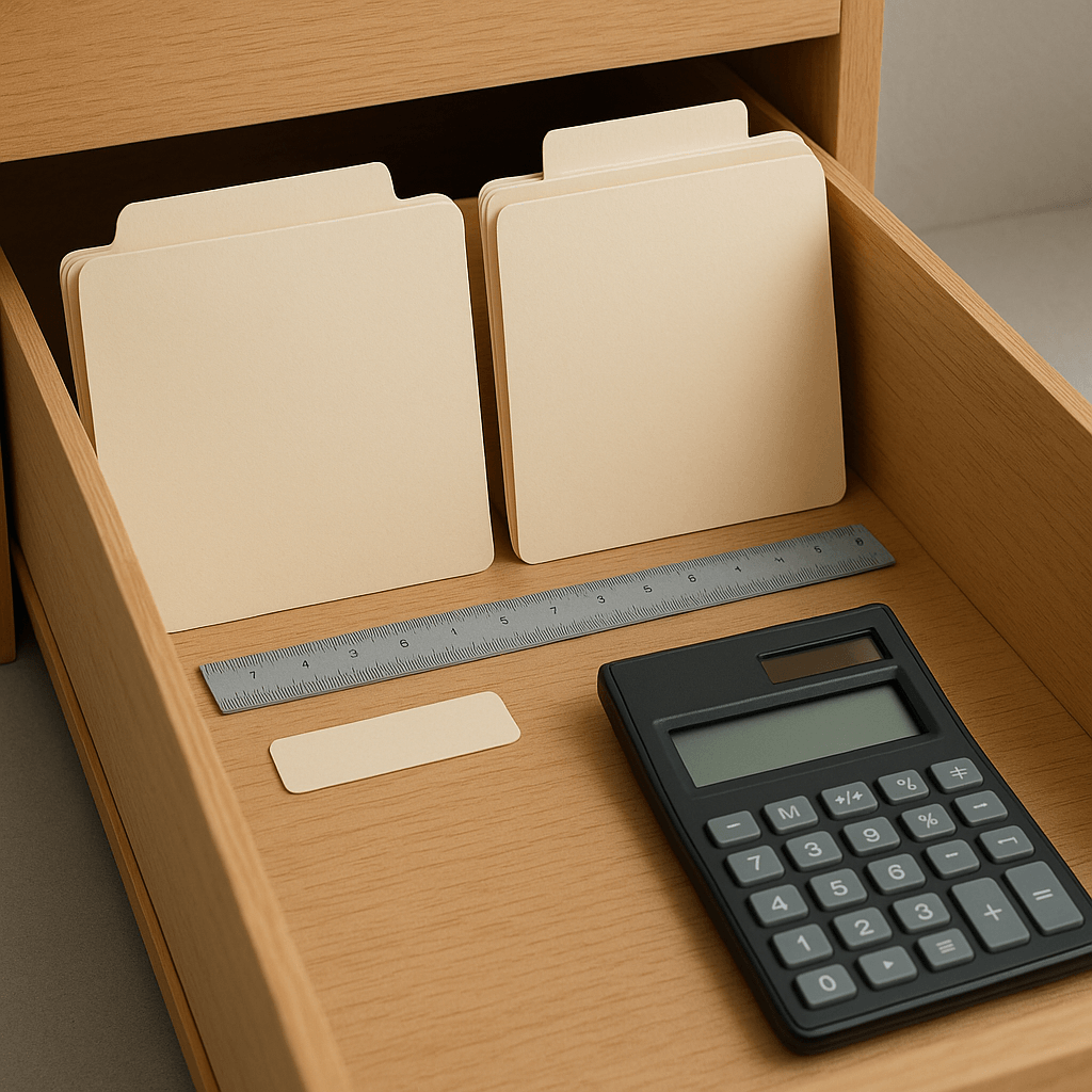 Dossiers vierges, calculatrice éteinte et chemises classées sur un bureau clair.