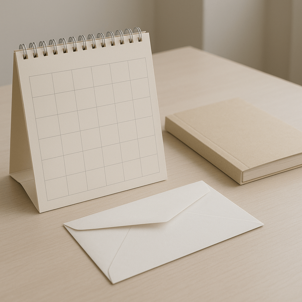 Calendrier sans date visible, enveloppe blanche et dossier fermé sur un bureau.