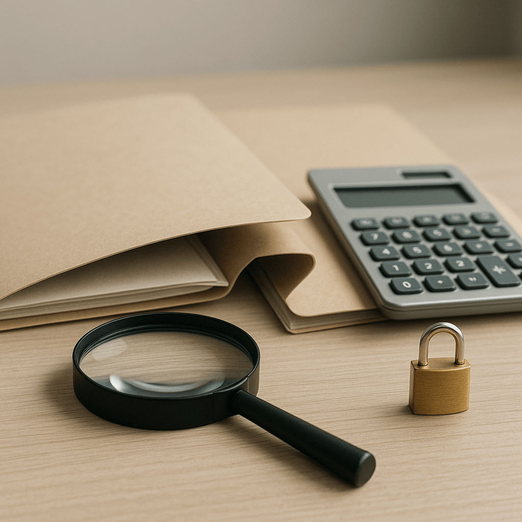 Chemises neutres, loupe et calculatrice éteinte sur un bureau sobre.