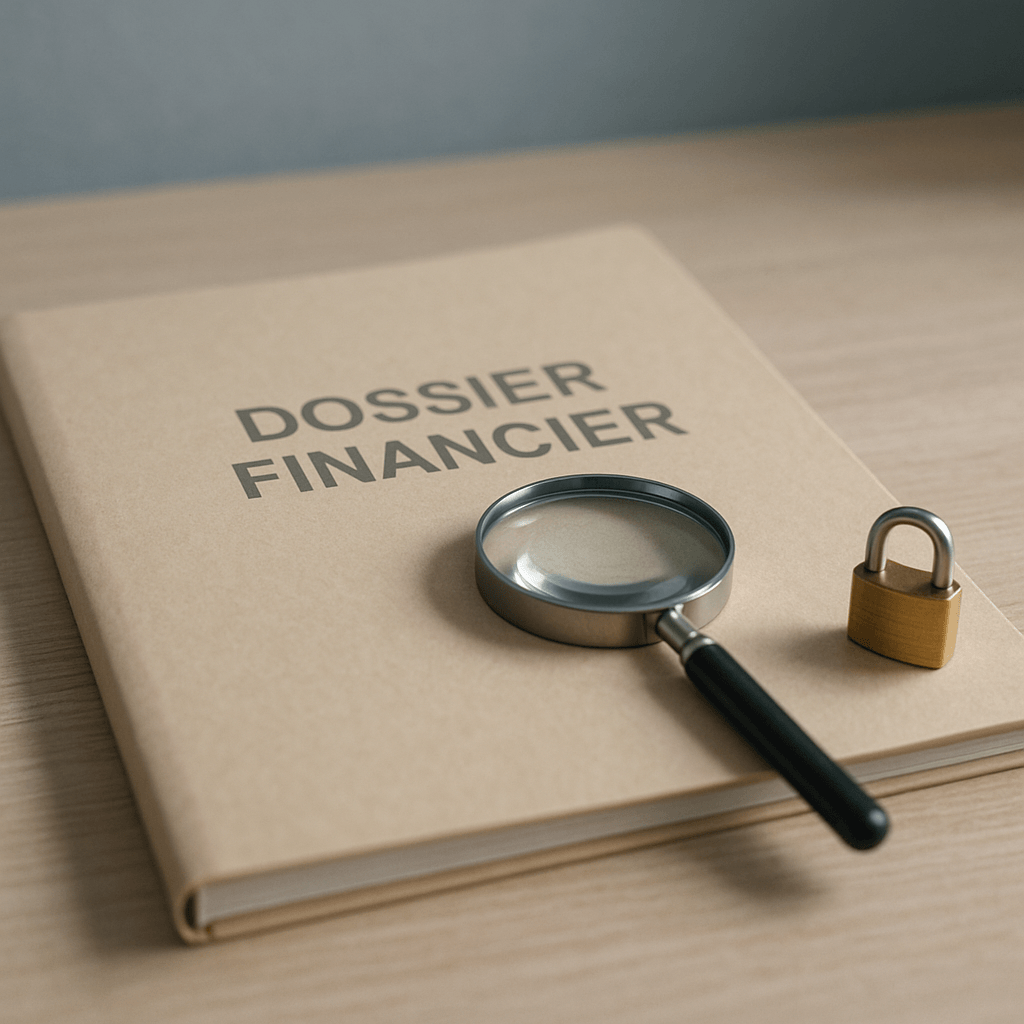Dossier neutre, loupe et cadenas disposés sur un bureau clair.