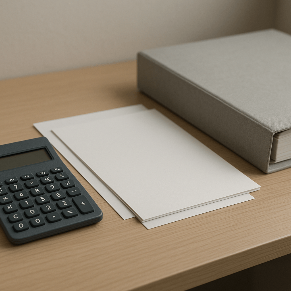 Calculatrice sans affichage près de feuilles vierges et d’un classeur fermé.