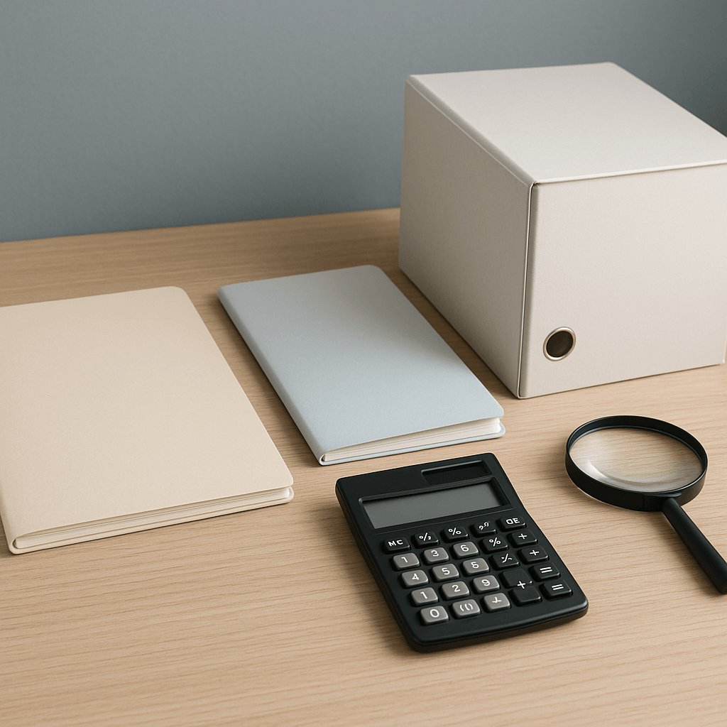 Chemises neutres, loupe et calculatrice éteinte sur un bureau organisé