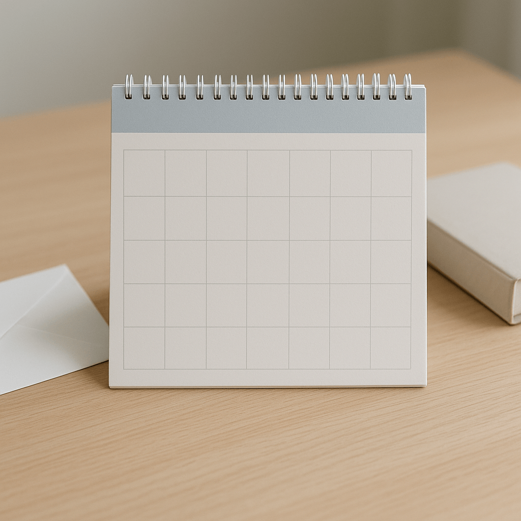 Calendrier sans inscription posé près d’une enveloppe et d’un classeur fermé.